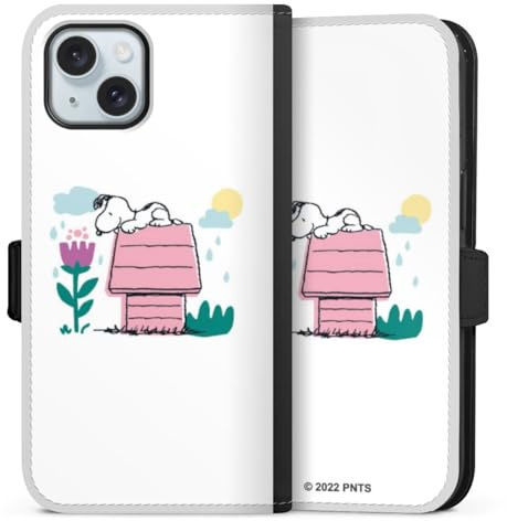 Klapphülle kompatibel mit Apple iPhone 15 Handyhülle aus Kunst Leder schwarz Flip Case Snoopy Offizielles Lizenzprodukt Hund
