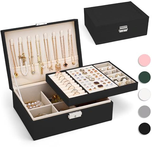 Yarmiene Boite a Bijoux,Grande Boîte à Bijoux avec 2 Étages,Organisateur de Bijoux de Voyage en Cuir PU,Organisateur de Boîte à Bijoux Portable,Coffret à Bijoux pour Ranger Bagues,Bracelets,Noir
