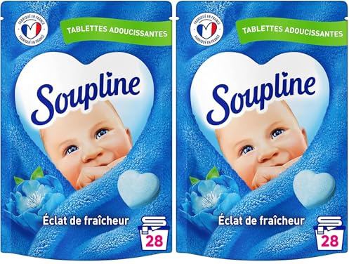 SOUPLINE - Tablettes Adoucissantes Cœurs Éclat de Fraîcheur - 89% d'Ingrédients d'Origine Naturelle - Testées Dermatologiquement - 28 Tablettes : 28 Lavages (Lot de 2)