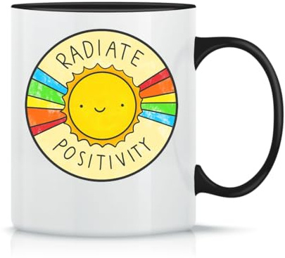 Radiate Positivity Happy Sun Coffee Tea Cup in Classic Magical Ceramic White Black Pink 330 ml