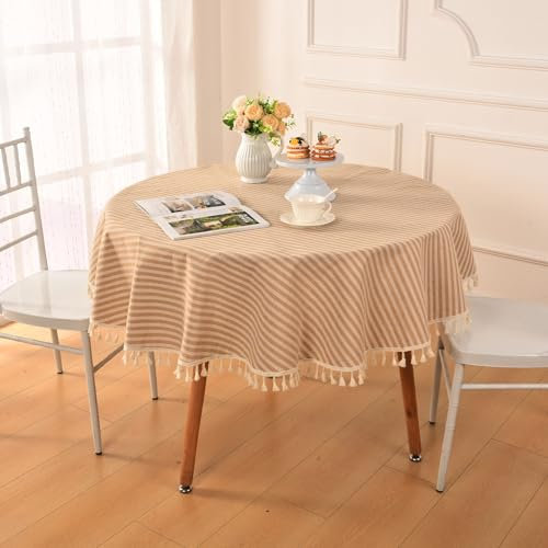 Alishomtll Leinen Gestreifte Quaste Tischdecke Abwischbar Fleckschutz Tischtuch Leinenoptik Waschen Tischdecken, Restaurant Party Garten Dekor Tischwäsche, Beige Weiß Rund 150cm