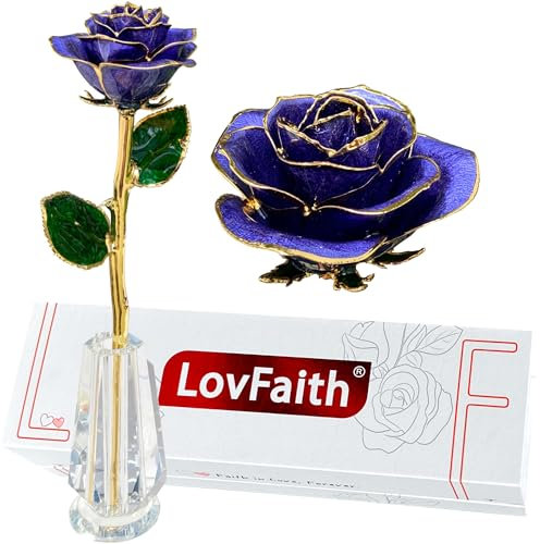 LovFaith Véritable rose trempée d'or 24 carats avec support en cristal, meilleure rose originale pour sa femme, anniversaire de mariage (C35. Violet mystère – Or épais)