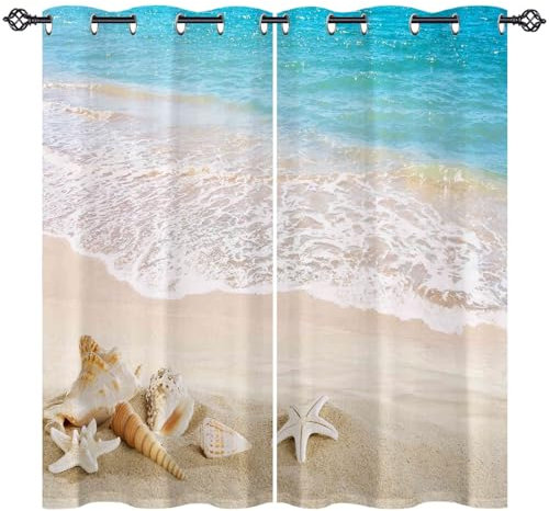 ANHOPE Ozean Strand Muscheln Seestern Vorhänge mit Ösen Blickdichte Gardinen Thermo Vorhang Blackout Curtain Schlafzimmer Wohnzimmer Weich Verdunklungsvorhänge 2er Set H 175 x B 140 cm