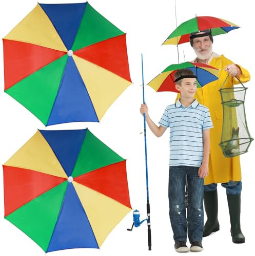 Realure 2 Stück Regenhut Angeln Handfrei, Regenschirm Hut Damen Herren Kinder, Anglerschirm Wasserdicht, Kopfschirm Tarnfarbe Grün, Regenschirm Hut Erwachsene Sonne UV Schutz Rainy (Regenbogen)