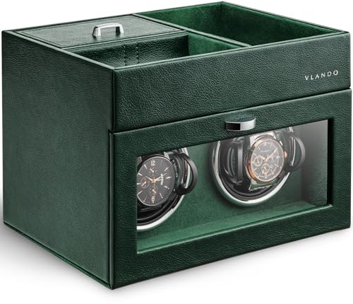 Vlando Caricatore automatico doppio per orologi, scatola carica orologi con vassoio organizer per gioielli da uomo, motore silenzioso giapponese, luce LED, cuscini regolabili per orologio - verde