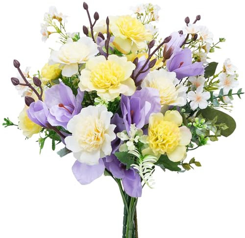 Luabue Fiori Artificiali Decorativi Giallo Lilla Viola Magnolia Champagne Gypsophila con Eucalipto Bouquet di Fiori Finti Fiori Artificiali per Soggiorno Camera da Letto Decorazione Matrimonio