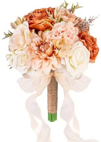 LCiclly Hochzeitssträuße für Braut, Brautjungfer, Terrakotta, gebranntes Orange, Blumenstrauß aus künstlicher Seide, Brautstrauß für Hochzeit, Herbst, Boho, rustikale Kirchendekoration, Wurfstrauß