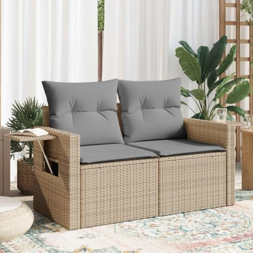 Outdoor 2-Sitzer Rattan Sofa mit Fußhocker und Kissen Beige Ecklounge Set für kleinen Garten oder Terrasse