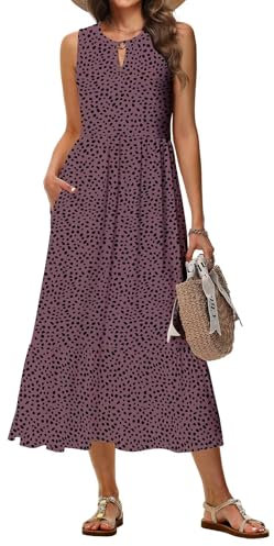 Tanmolo Sommerkleider Damen Lang Maxikleid Damen Kleid A-Linie Strandkleid Mit Rundhals Im Swing-Stil Mit Blumenmuster Ärmelloses Mit Taschen (Altrosa Punkte S)