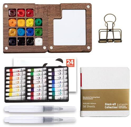 Mini paleta de acuarela, incluye paleta portátil con 15 rejillas y 24 colores, cuaderno de bocetos, pintores