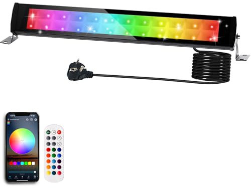 Projecteur LED RGB Exterieur 50W, Projecteurs Led Couleur avec Télécommande 2.4G et Bluetooth APP Projecteur Rgbw Ip66 Étanche Spot Led Couleur Barre LeD RGB Dimmable pour Jardin Arbre Festival Bar