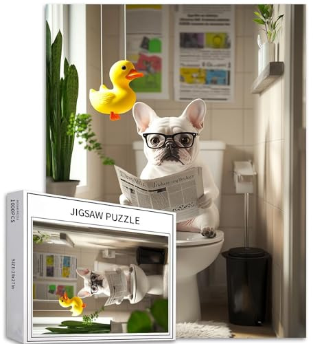 Französische Bulldogge mit Brille, 1000-teiliges Puzzle für Erwachsene, Badezimmer, Hintergrund, Kunst, Puzzle, herausfordernde Familienaktivitäten, bunt, DIY-Bastelpuzzle für Heimdekoration
