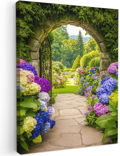 MuchoWow© Leinwand Bilder Wanddeko Wohnzimmer Aesthetic Room Decor Deko | 50x70 cm - Zimmer Wandbilder Modern Bild auf Fensterblick - Einfahrt - Hortensie - Blumengarten