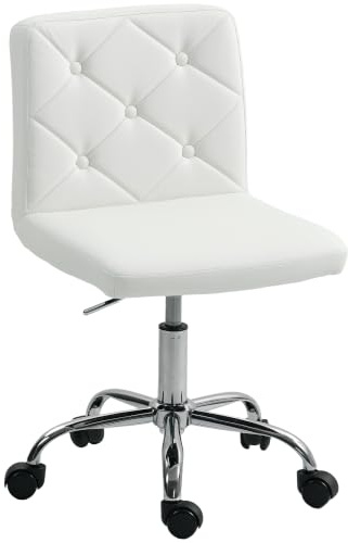 HOMCOM PU Leather Armless Office Chair, Modern, Adjustable Height, White | Modern Vanity Chair with Rolling Wheels, Computer Swivel, Home Study, Bedroom