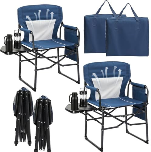 LEADZM Campingstuhl Faltbar mit Seitentisch & Seitentasche, Belüftete Rückenlehne,150kg Belastbar,600D Oxford-Stoff, Metallgestell,62x60x92cm,Leicht & kompakt für Outdoor, Angeln, Festival (2, Blau)