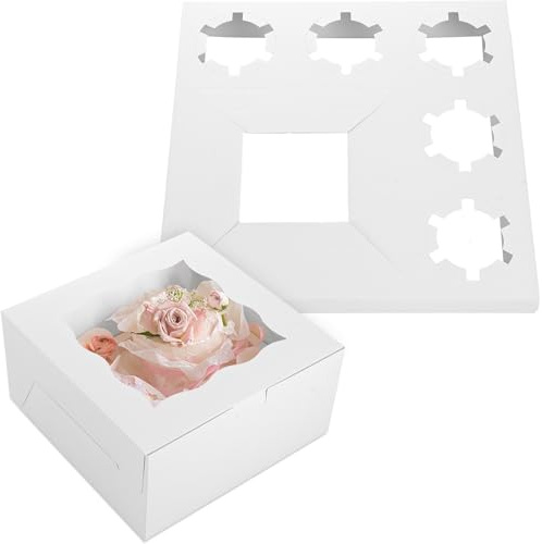 ZOFUN 20 Pcs Bento Cake Boxes, 25 x 25 x 12 cm Cake Box with Ribbon & Clear Window, 350GSM Cardboard Bento Cake Box with Cupcake for Cakes & Cupcakes, 5 Cupcake Holes & 1 Cake Holes