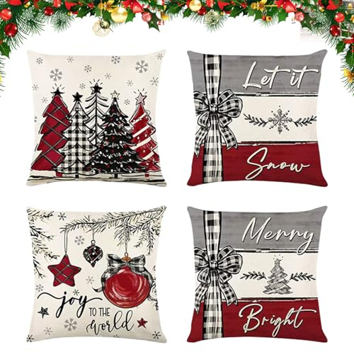 KOMEIYL 4pcs Kissenbezug Weihnachten, 45x45cm Winter Weihnachtskissen, Schneemann Handschuhe Elch Eukalyptus Muster Kissenbezüge, Rot Streifen Christmas Decor Kissen, Gilt für Wohndeko