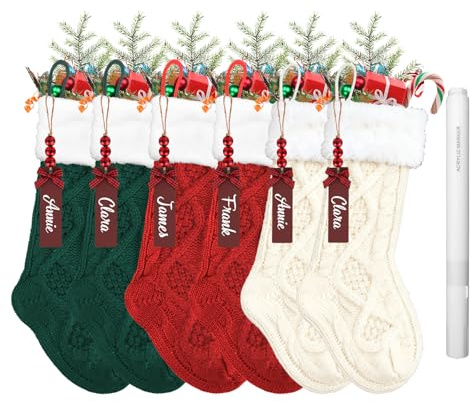 QBEJIME 6 Stück Weihnachtsstrumpf Personalisiert Nikolausstrumpf 18” Großer Gestrickter Christmas Stocking Gestrickte Wolle Weihnachtsstrumpfe Mit Namensschildern Markierstift (Red+Green+White)