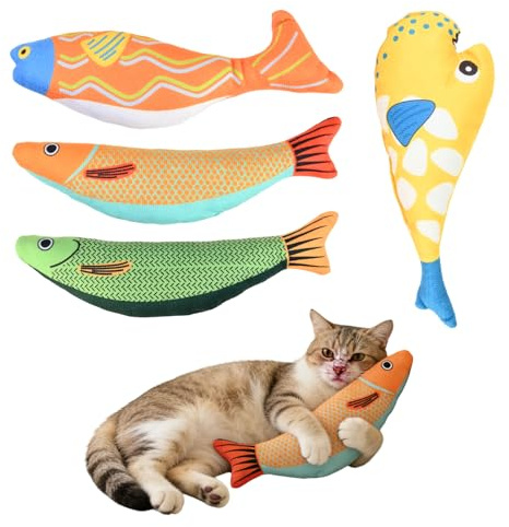 Kaiyzo 4er-Set Katzenfischspielzeug, 2 mit Katzenminze + 2 Ohne Katzenminze, Plüschige Saury-Fische, Weiches Kätzchen-Beißspielzeug, für Wohnungskatzen und Mehrkatzenhaushalte