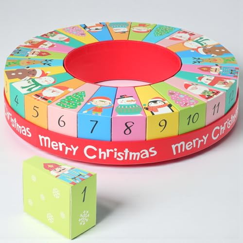 MIJOMA runder Adventskalender Kinder Weihnachten - 24 Boxen zum Befüllen - DIY Kalender bunt mit Weihnachtsmotiven - Karton - wiederverwendbar - Deko Geschenk Idee