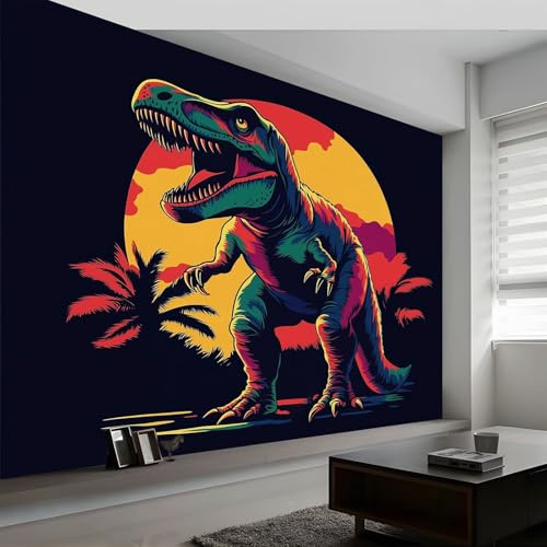 Animaux Dinosaures La Lune Illustrations Papier Peint Panoramique Pour Garçons filles, 450 x 280 cm Noir Poster Géant Mural 3D, Décoration Murale Premium Pour Salon, Chambre Adulte, Chambre D'Enfants