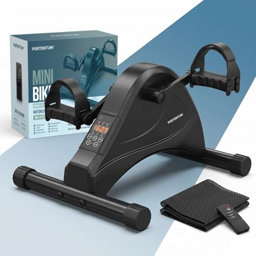 PORTENTUM Pedaltrainer für Senioren – Manuelle oder motorisierte Version – Beintrainer im Sitzen für Arme und Beine mit Rutschfester Matte und LCD-Display – Kompakter Mini Heimtrainer