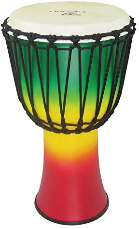 Tycoon Percussion 10 Djembe, Fiberglass Shell is Lightweight & Hand-Brushed, Rope-Tuned, Goatskin Head, 5mm Non-Stretch Rope for Easy & Lasting Tuning, Jamaican Flag Colors (Green, Yellow, Red)