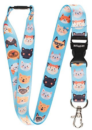 Rolseley Mehrfarbig Schlüsselband Umhängeband Trageband mit Sicherheitsverschluss und Schwenk Karabinerhaken(1 blau mit Katzen)