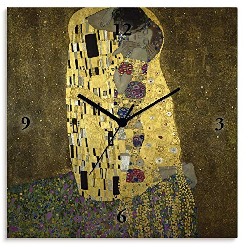 ARTLAND Wanduhr ohne Tickgeräusche Alu Funkuhr 30x30 cm Quadratisch Lautlos Gustav Klimt Der Kuss Originell Ausgefallen T9LL
