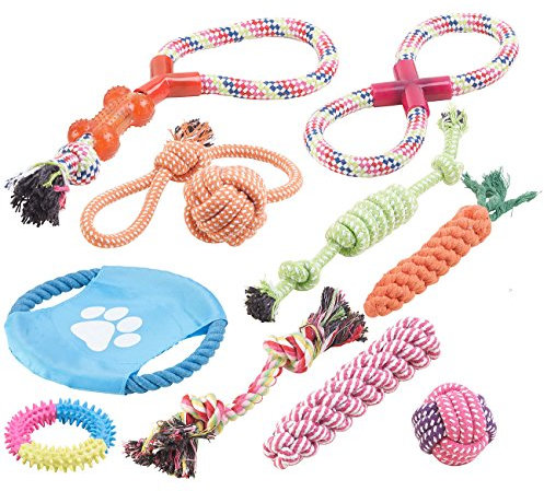Sweetypet Wurfspiel für den Hund: 10er-Set Bunte Hundespielzeuge aus Baumwolle zum Kauen und Toben (Hunde-Bedarf, Wurfspielzeug)