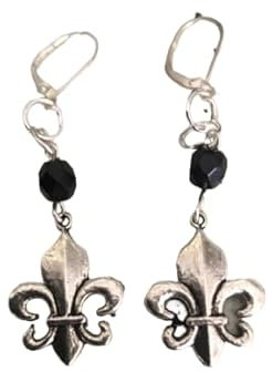 boucles d oreilles fleur de lys métal argenté cristal de boheme noire