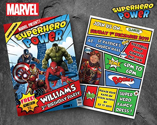 10 Personalised Superhero Marvel Birthday Party Invites Invitations Double sided Photo Comic Spiderman Ironman Hulk Captain America