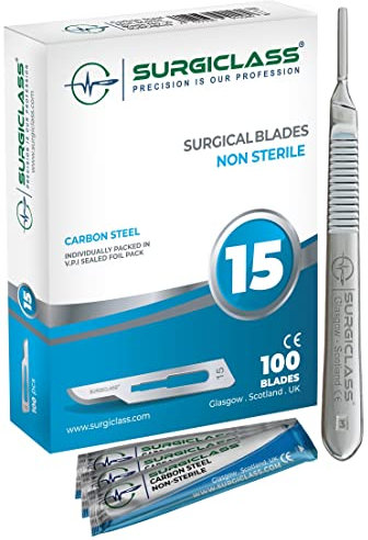 Surgical Scalpel Surgical Blades # 15 Carbon Steel Non Sterile Box of 100 and Handle No 3 Perfect for wood art, Surgical, Sculpting, Repairs, Lab Anatomy, Sign, Card Making Lab Training SURGIBL15-100