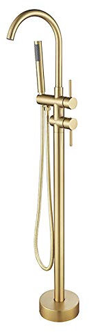 Shower Set Robinet de Baignoire Ilot Autoportante Or Brossé Montage au Sol Robinets Laiton Robinet de Baignoire sur Pied avec Douchette à Main et 360° Rotation Bec,Type a2