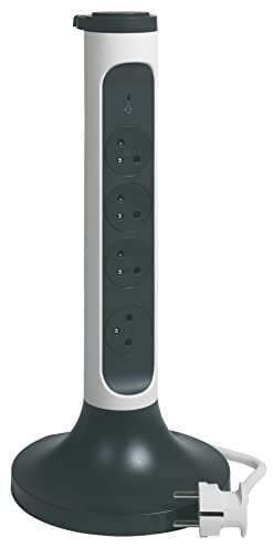 LEGRAND - Regleta Vertical con Base con Interruptor + pararrayos - 4 Tomas de Superficie con Tierra - Torre de conexión práctica - Cable de 2 m - Blanco y Gris Oscuro