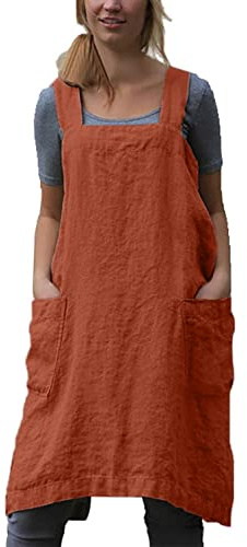 Baumwoll-Leinen-Schürze für Damen, mit Kreuzrücken, Schürze zum Backen, Kochen, Gartenarbeit, Orange, XXX-Large
