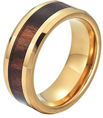 8MM Wolframkarbidringe für Herren Abgeschrägte Kante Holz eingelegt Eheringe Herren Gummi Gold Bandring Fingerring für Valentinstag Weihnachten Geburtstag Größe 65 (20.7)