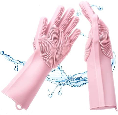 Premium Geschirrspül Waschhandschuhe mit Noppen Oberfläche & feinen Bürsten zum Reinigen der Küchenutensilien I Silikon Reinigungshandschuhe Ideal zum Geschirr spülen & Putzen im Haushalt (Rosa)