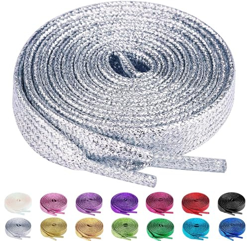 Olukssck 2Paia Lacci Piatti Glitter Metallici Premium per Scarpe Ginnastica | Lacci Scarpe Resistenti, Larghezza 10mm, 15 Colori, 5 Taglie, per Scarpe da Corsa, Scarpe Casual, Trekking, Sneakers, Stivali