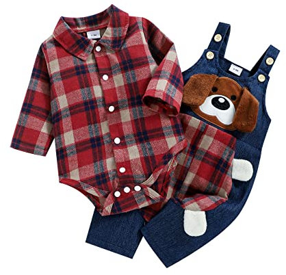 Dazzerake 2 Pezzi Completo da Neonati Pantaloni Bretelle + Pagliaccetto Camicie Plaid Casual Maniche Lunghe Bowtie Button Down con Stampa Cane (Rosso, 3-6 mesi)