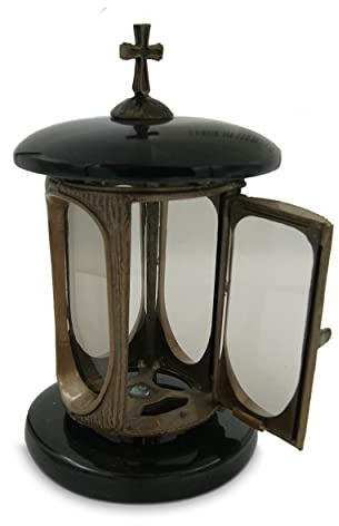 Stilvolle Grablaterne Elegant Granit Impala Schwarz Höhe 21 cm/Ø 15 cm Grableuchte Grablicht Grablampe Granitlampe Granitlaterne Bronze mit Sockel Grabschmuck