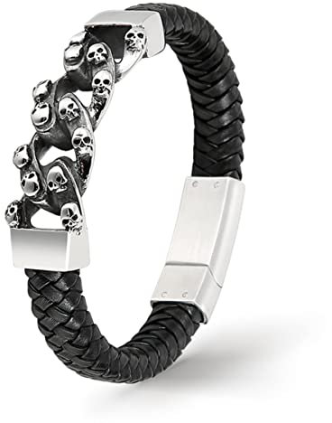 UNIQAL | Totenkopf Armband Herren aus Leder | Skull Bracelet Biker Rock Schmuck | Edelstahl Magnetverschluss | Handgemacht in Deutschland | Geschenkidee Geburtstag (SKULL KING, 21)