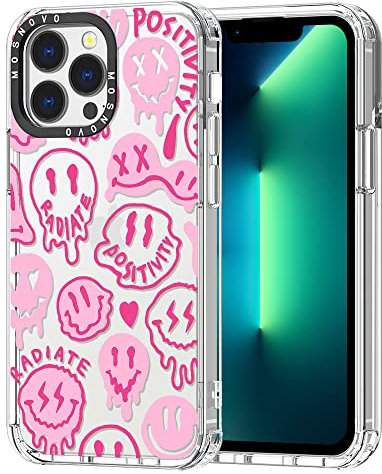 MOSNOVO für iPhone 13 Pro Hülle – Durchsichtige, schlanke, stoßfeste TPU+PC-Handyhülle, [6,6 Fuß Fallschutz/Anti-Abziehen] - Rosa tropfendes Lächel-Gesicht mit positiver Ausstrahlung