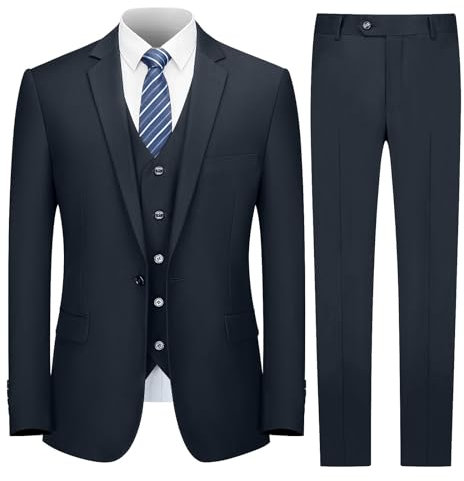 Cooper & Nelson Herrenanzug Slim Fit, 3-teilige Anzüge für Männer, EIN-Knopf-Jacke, Weste, Hose mit Krawatte, Smoking-Set, Dunkles Marineblau, M