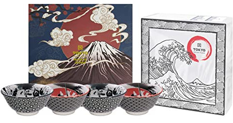 TOKYO design studio Samurai Ninja 4 Schalen-Set bunt, Ø 14,8 cm, ca. 500 ml, asiatisches Porzellan, inkl. Geschenk-Verpackung und exklusiven Servietten