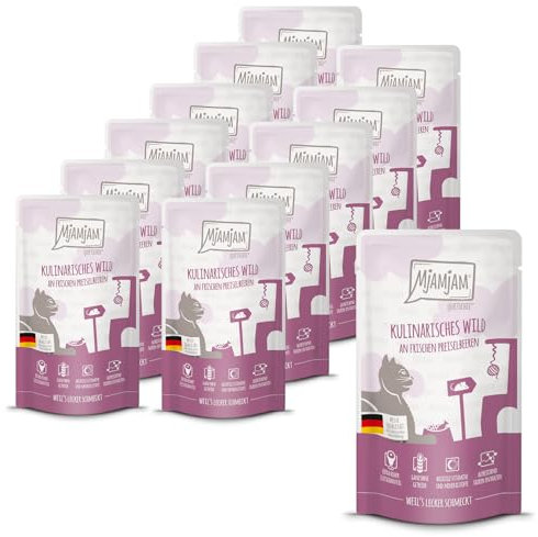 MjAMjAM - Premium Nassfutter für Katzen - Quetschie - kulinarisches Wild an frischen Preiselbeeren, 12er Pack (12x125g), getreidefrei