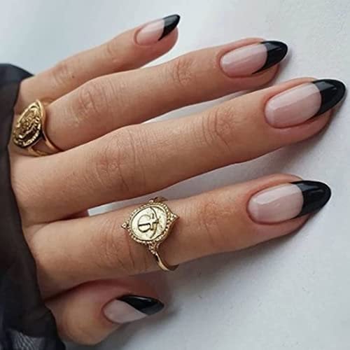 Oval False Nails Short, Black French Fake Nails Pattern, Almond Press on Nails, Nude French Nail Tips with Nail Glue, Stiletto Stick on Nail for Women Girls Nails Art