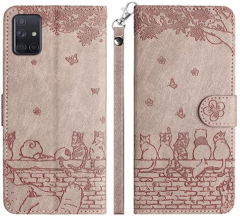 Aisenth Handyhülle für Samsung Galaxy A51 4G SM-A515F, Katze, Schmetterlings Muster Leder Handytasche Brieftasche Klapphülle Etui Schutz Hülle mit Ständer, Magnet, Kartenfächer -Gräulich Violett