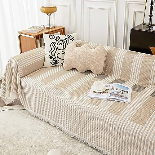 Bezug Sofa 180x300cm, Streifen mit Quasten Sofa Überzug 3 Sitzer Sofaüberwurf Kratzfest Hellbraun Couchbezug für Wohnlandschaft