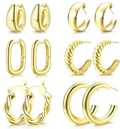 JeweBella 6 Paare Chunky Gold Creolen Set für Damen - Hypoallergen 14K Gold Kreolen Ohrringe